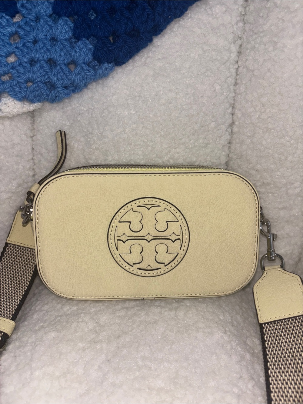 Tory Burch Cream Leather Camera Crossbody with Embossed Logo